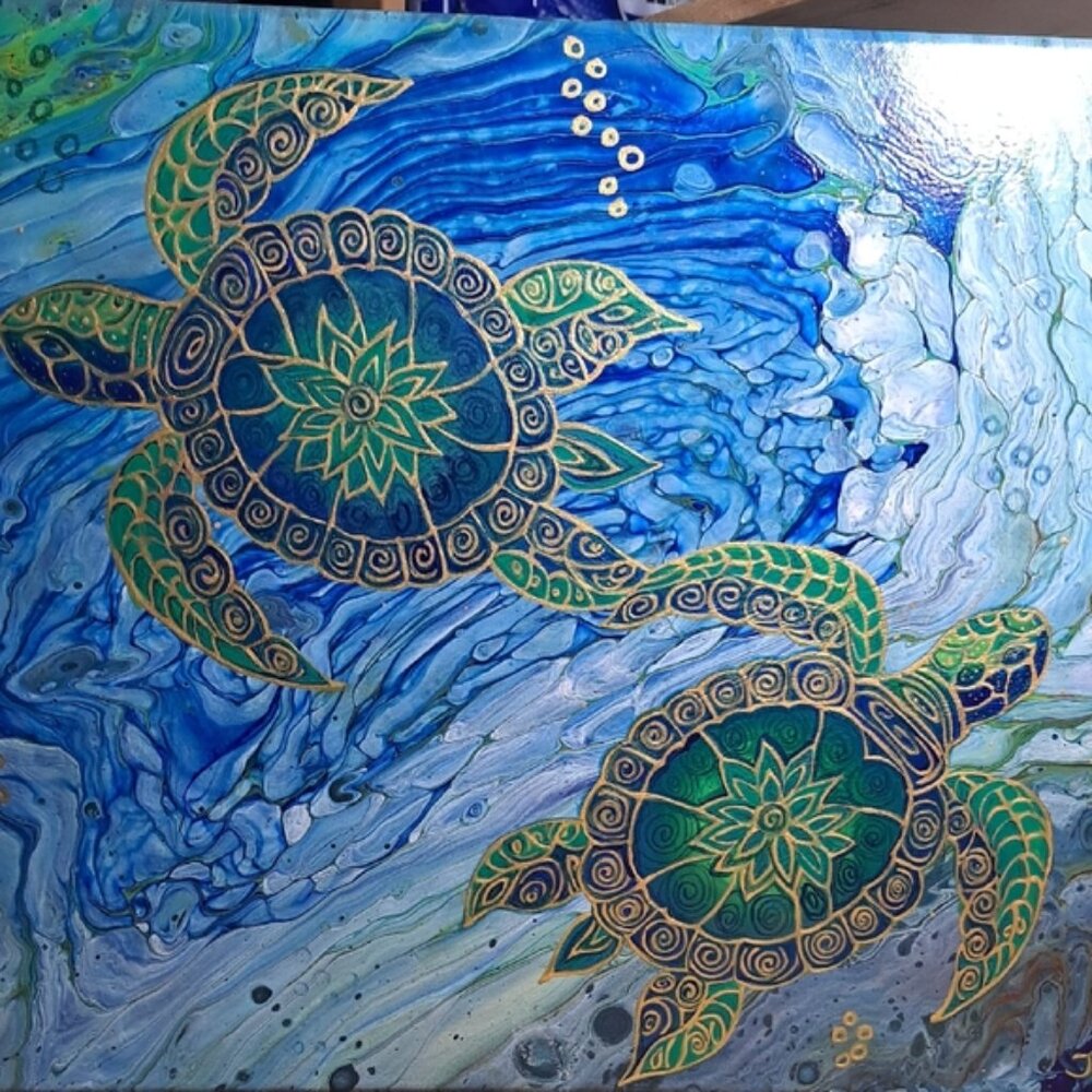 Hand Crafted Sea Turtle Fluid Wall Art Painting - Picture 14 of 15